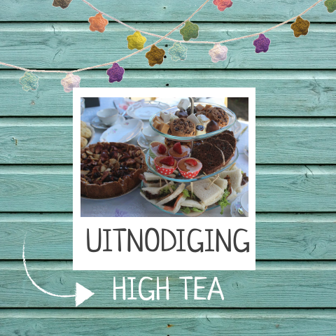 High Tea uitnodiging met slingers en groen hout