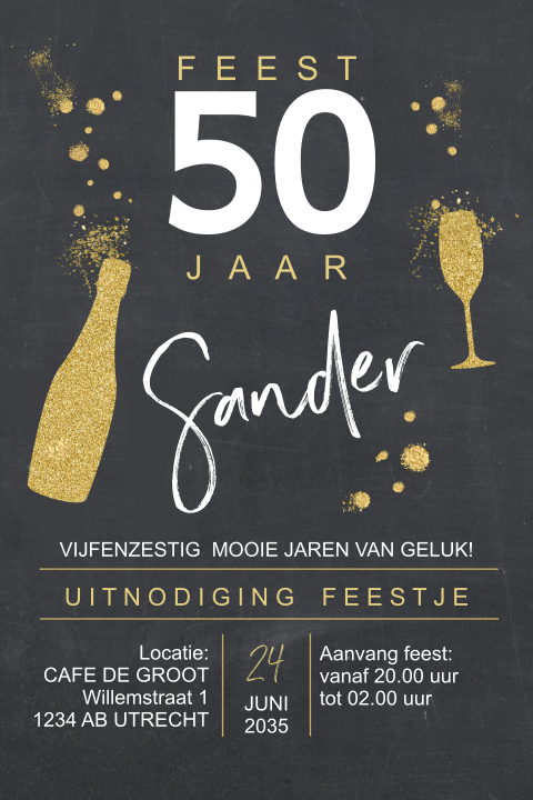 Stoere uitnodiging 50 jaar verjaardag met glitterlook fles en glas