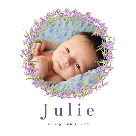 Geboortekaartje voor een meisje met foto en krans van lavendel