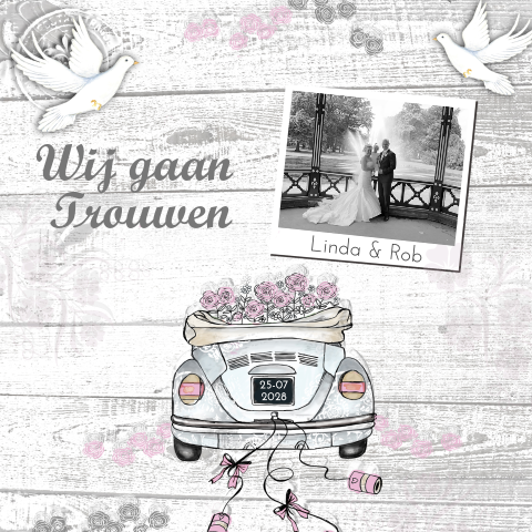 Retro trouwkaart met foto en trouwauto
