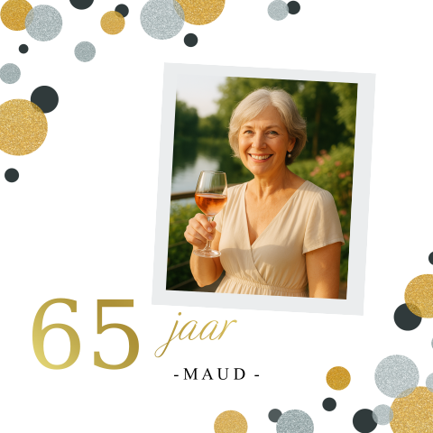 Hippe verjaardaguitnodiging 65 jaar met confetti en goudfolie