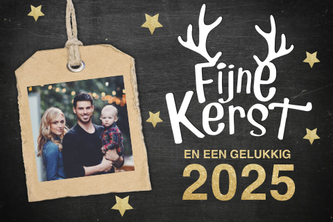 Kerstkaart zwart goud gewei met label