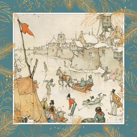 Kerstkaart Anton Pieck schaatsen met goudlook bladeren