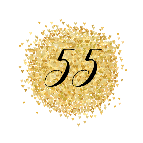 Chique uitnodiging feest 55 jaar met hartjes in goudkleur