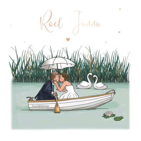 Stijlvolle trendy trouwkaart huwelijksbootje met rosefolie