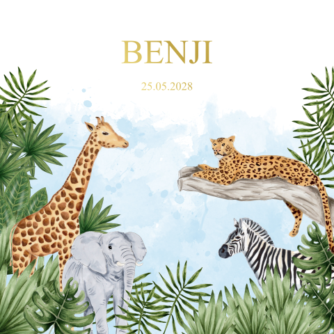 Geboortekaartje jungle dieren waterverf blauw