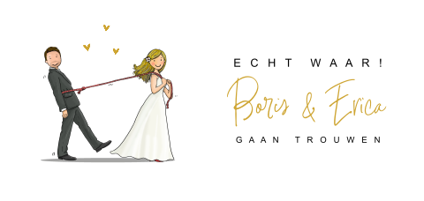 Grappige trouwkaart langwerpig met bruidspaar touw