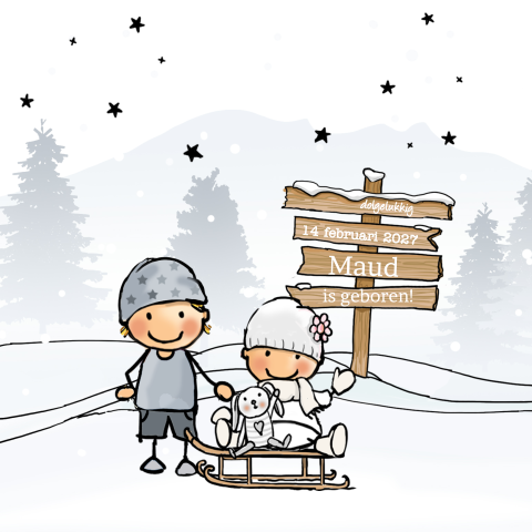 Getekend geboortekaartje meisje tweede kindje winter
