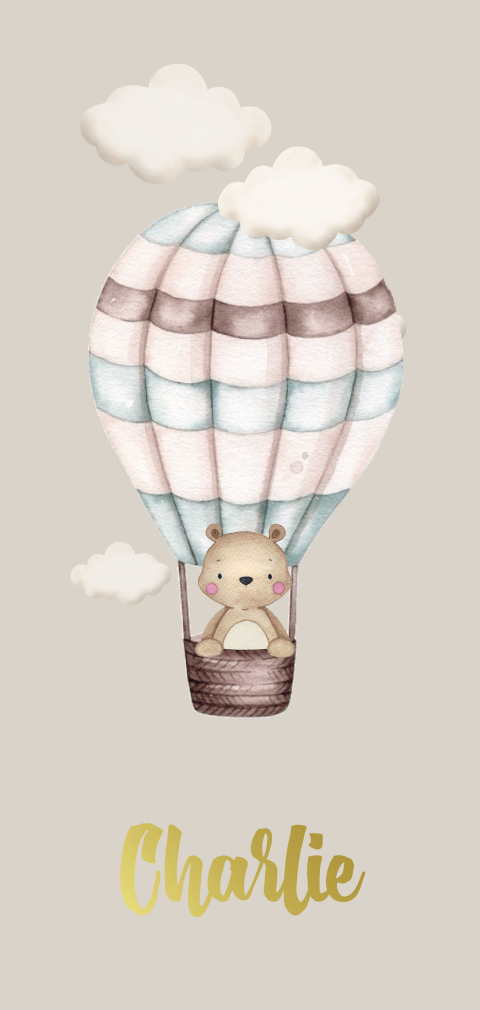 Lief neutraal geboortekaartje met beer in luchtballon
