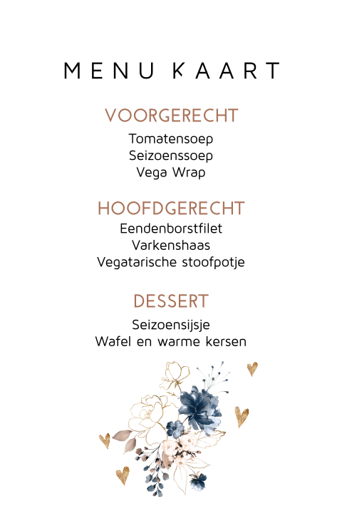 Menu kaart met bloemen blauw pastel en goud