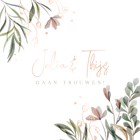 Stijlvolle trendy trouwkaart prachtige bloemen en takjes foliedruk