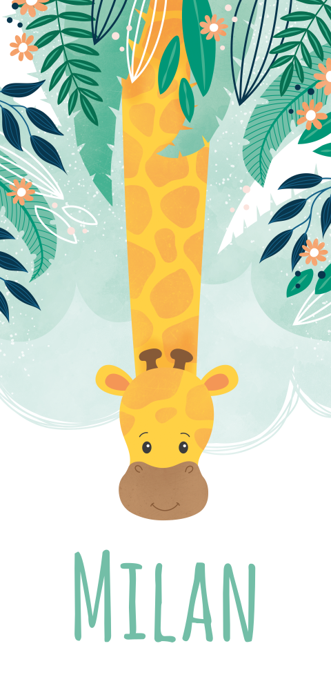Geboortekaartje voor een jongen met giraffe en jungle bladeren