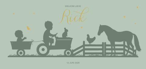 Langwerpige geboortekaart jongen 2e kindje met tractor en baby hekje