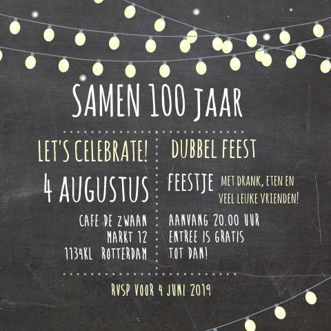 Uitnodiging dubbel feest verjaardagfeest krijtbord met slinger 