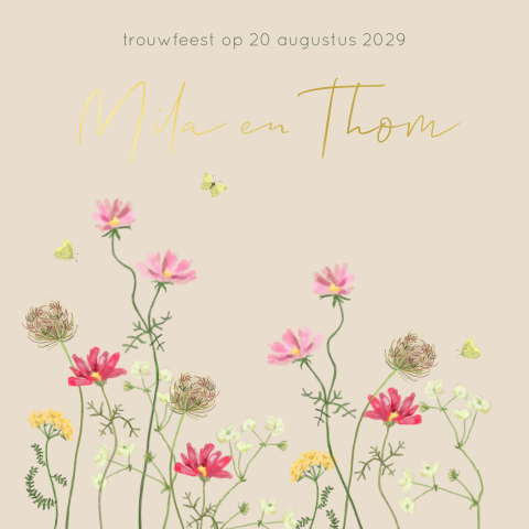 Trouwkaart getekende bloemen en vlinders