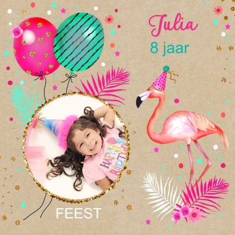 Uitnodiging kinderfeestje flamingo ballonnen