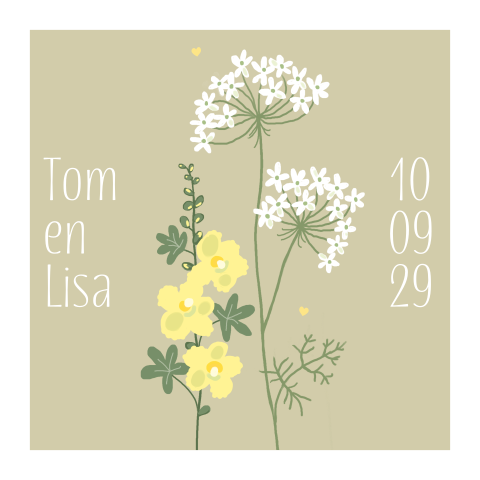 Trouwkaart bloemen wilde peen en stokroos