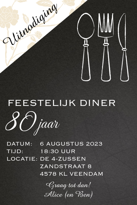 Uitnodigingskaart diner etentje 80 jaar verjaardag