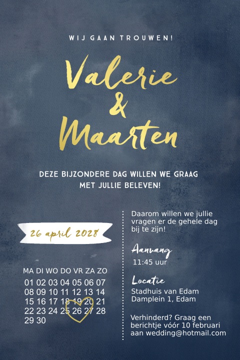 Trouwkaart blauw met goudfolie en kalender