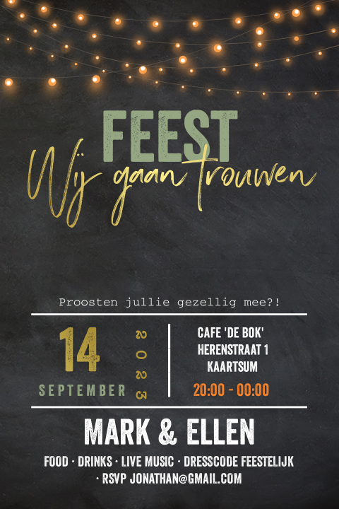 Trouwkaart  krijtbord en lampjes met echt goudfolie