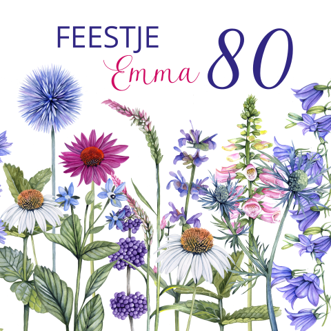 Verjaardagsuitnodiging 80 jaar met wilde bloemen