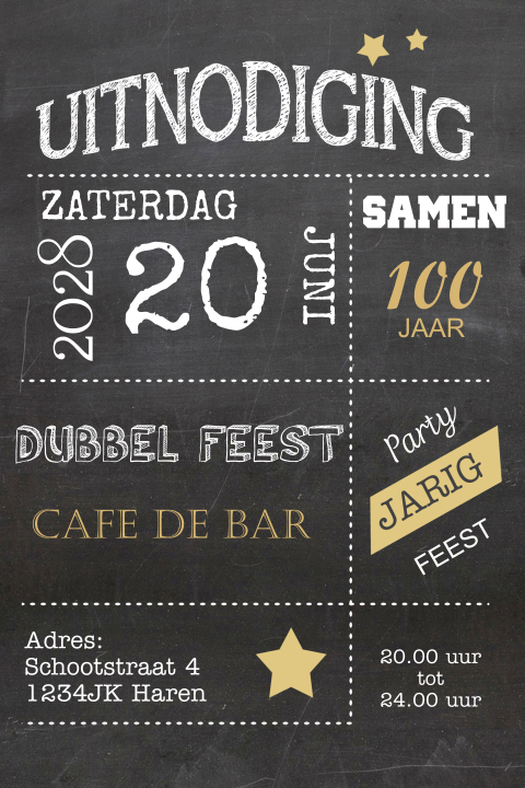 Uitnodiging dubbel feeest verjaardag schoolbord met typografie