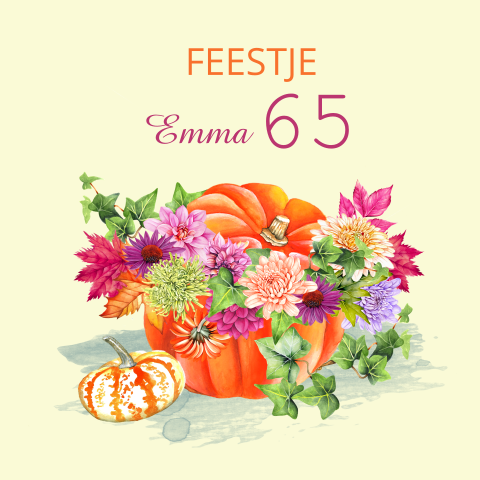 Uitnodiging 65e verjaardag herfst bloemen pompoen