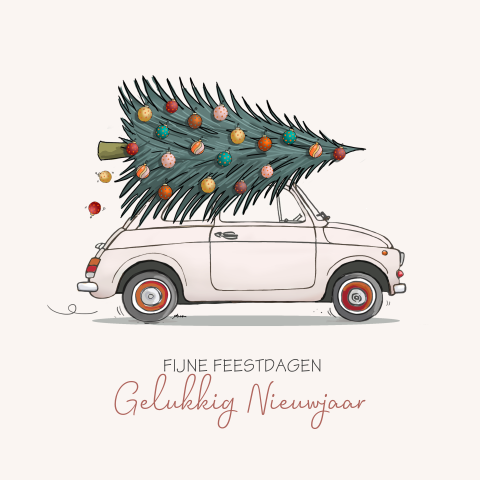 Kerstkaart Fiat 500 met kerstboom