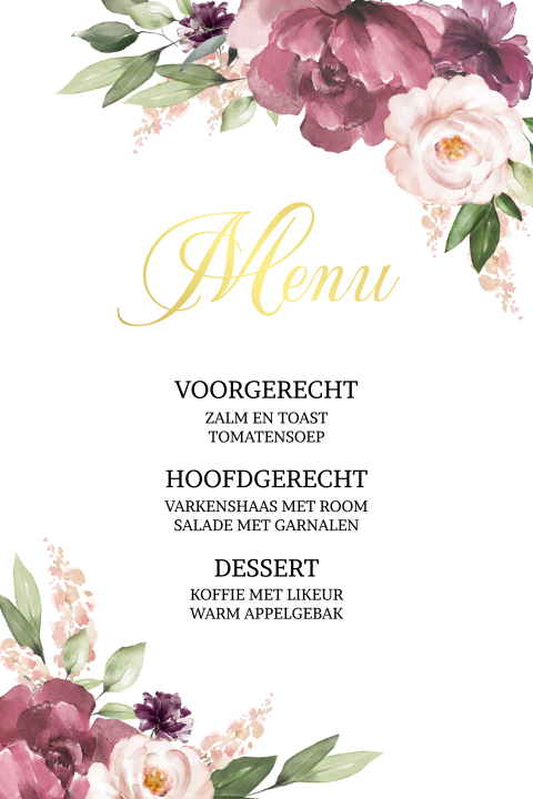 Menukaart goudfolie huwelijk met prachtige roze en paarse bloemen