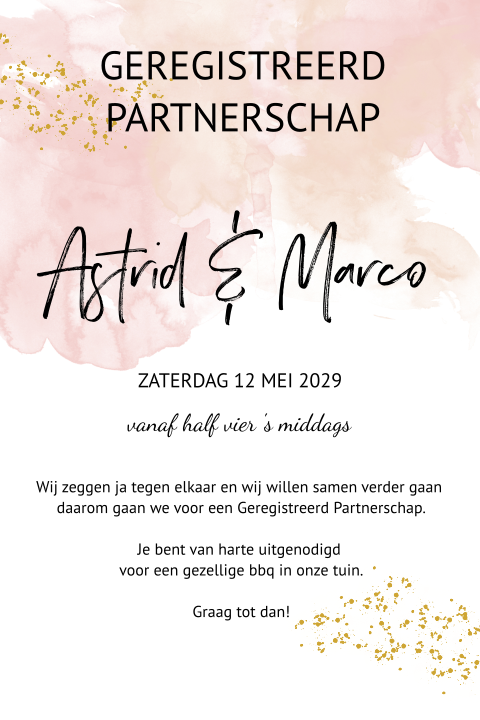 Uitnodiging Partnerschap waterverf roze en oud glitter