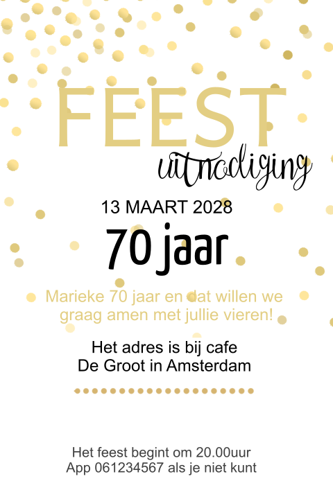 Stijlvolle uitnodiging met gouden confetti 70 jaar