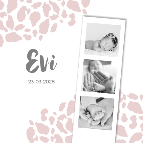 Geboortekaartje meisje fotostrip panterprint roze
