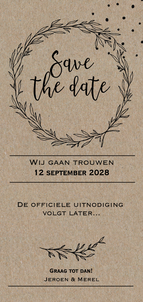Save the date op echt kraft gedrukt met krans en takjes
