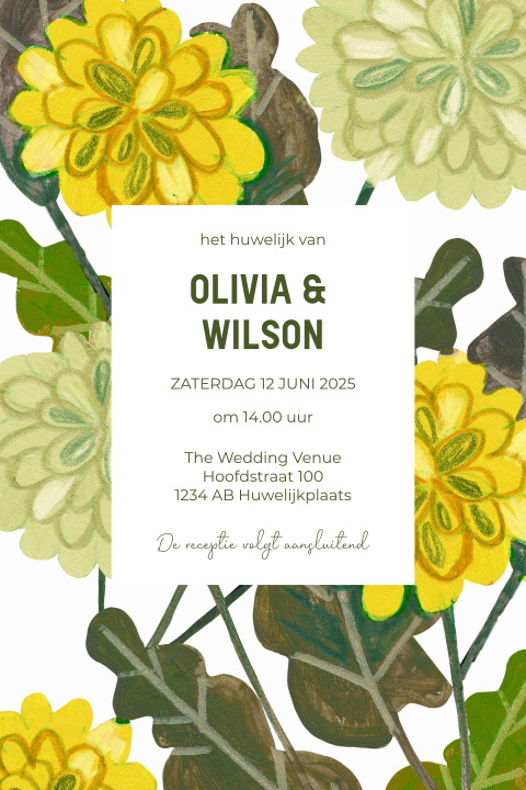 Trouwkaart bloemen geschilderd geel met groen