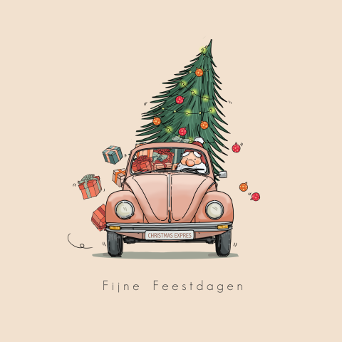 Getekende kerstkaart met VW kever roze met kerstboom