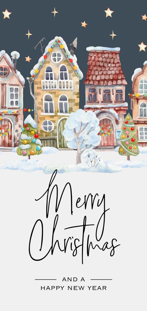 Kerstkaart winter blauw met huisjes