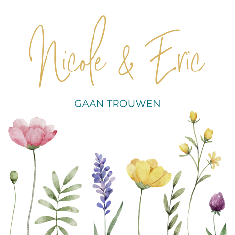 Voorbeeld trouwkaart met veldbloemen in frisse kleuren