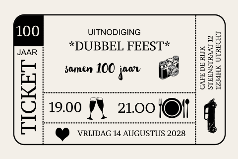 Verjaardagsuitnodiging dubbel feest samen 100 jaar als ticket 