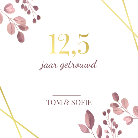 Jubileum 12,5 roze bloemen en geometrische goudfolie strepen