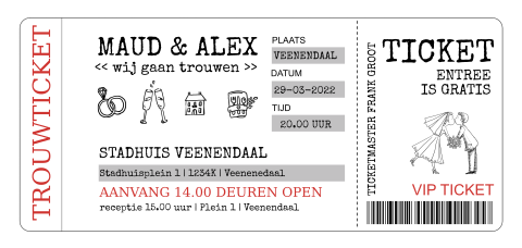 Trouwkaart ticket lang wit met illustraties