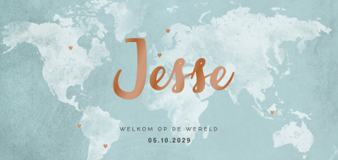 Geboortekaartje jongen wereldkaart licht blauw met hoogglans koper