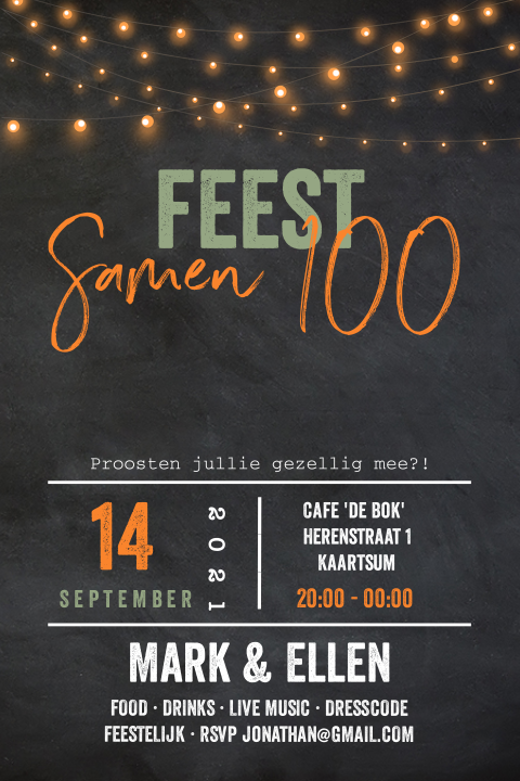 Uitnodiging dubbel feest samen 100 lampjes en krijtbord