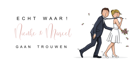 Grappige trouwkaart langwerpig met bruidspaar stropdas