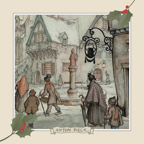 Zakelijke kerstkaart Anton Pieck fontein met hulsttakjes