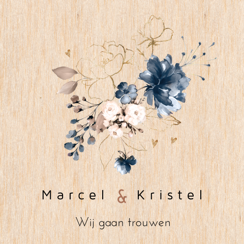 Stijlvolle echt houten trouwkaart met bloemen blauw en goud look