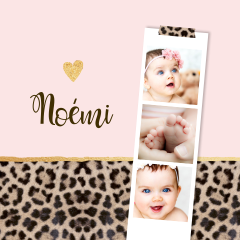 Geboortekaartje meisje panterprint fotostrip hartje