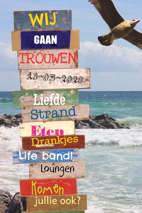 Huwelijksuitnodiging strand thema met hout