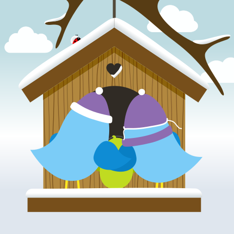 Vrolijk vogel geboortekaartje meisje en broer in vogelhuisje in sneeuw