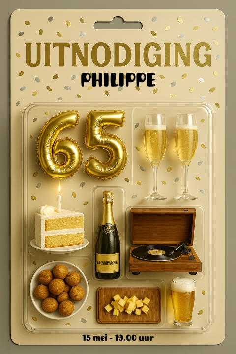 Uitnodiging 65 in hippe blister verpakking