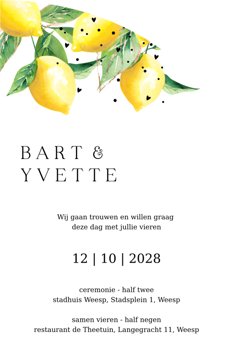 Trouwkaart in halve boog vorm met citroenen